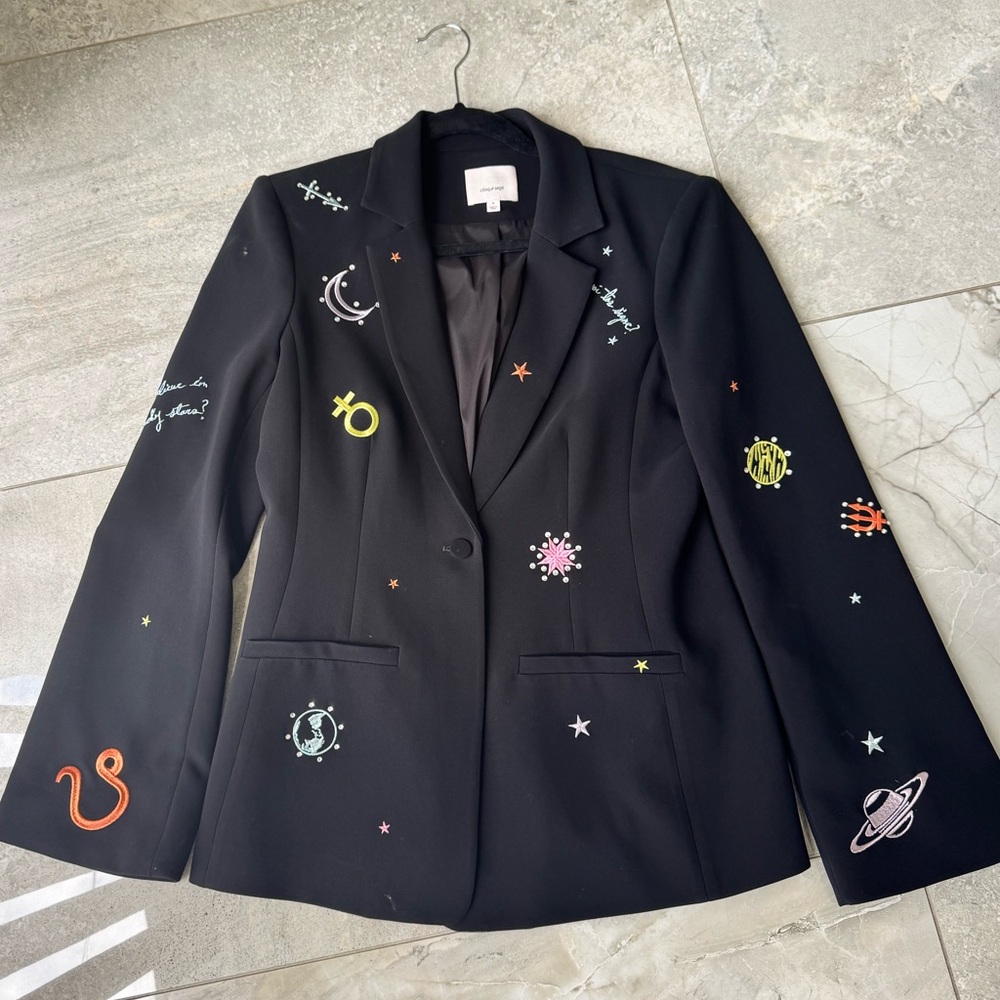 Cinq à Sept Black Blazer with Colorful Embroidery size 8